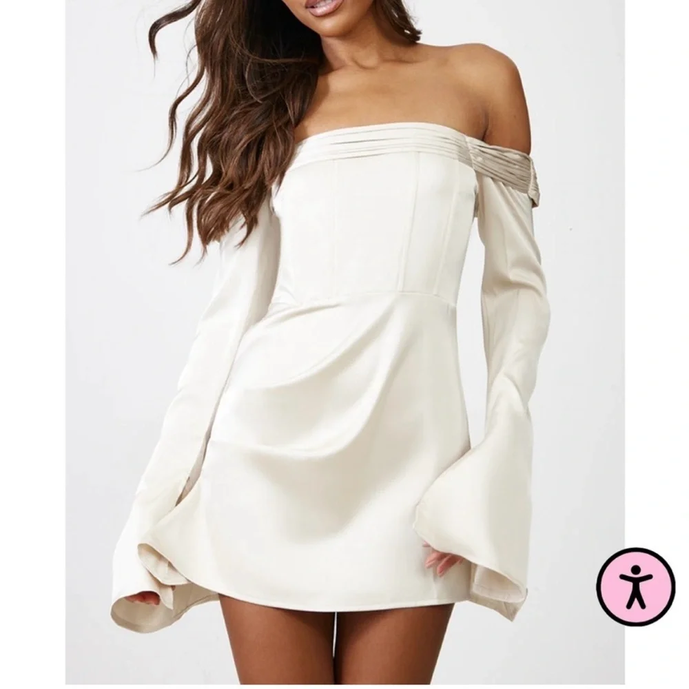 PLT| Womens Champagne Satin Pleat Detail Bardot Flared Sleeve Shift Dress NWT 4 - Picture 2 of 7